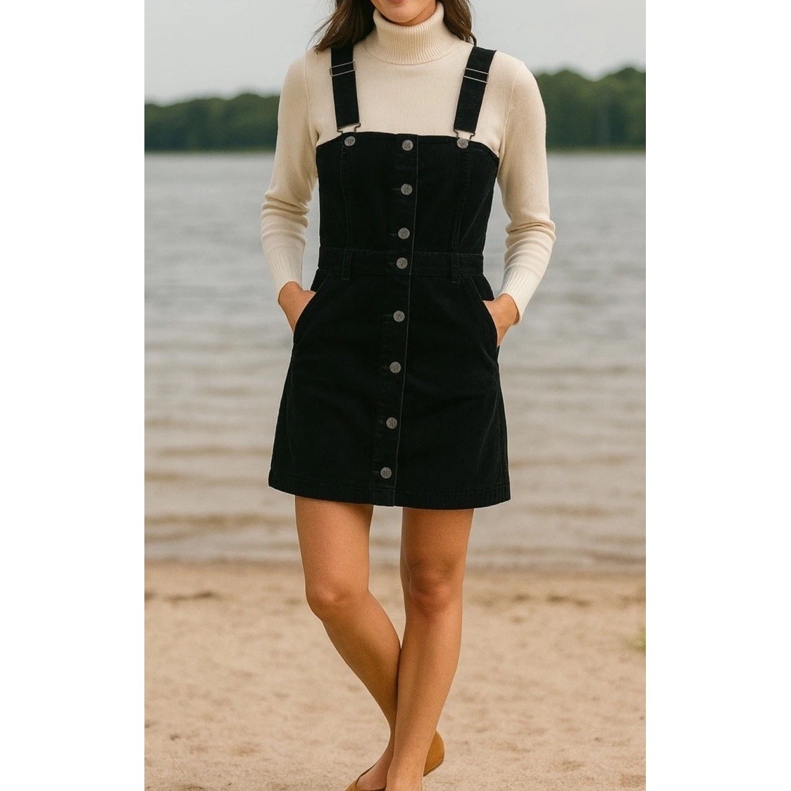 Gap Black Corduroy Skirtall Jumper Dress Buttons Large Pinafore Overall Mini